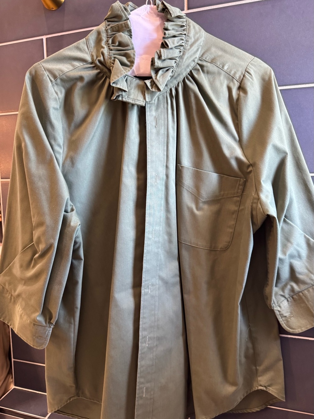 Ruffled Collar Olive Green Button-Down Shirt